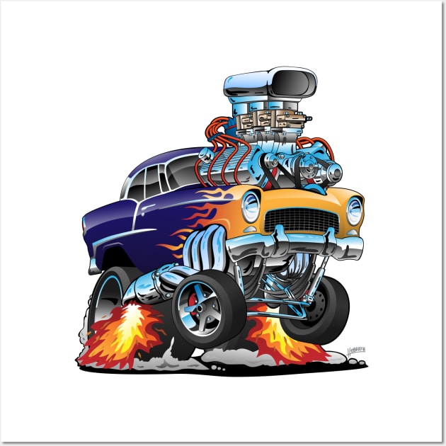 Classic Fifties Hot Rod Muscle Car Cartoon Wall Art by hobrath